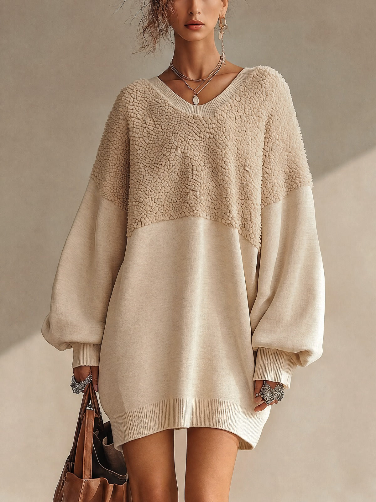 Maud | Mini Robe Oversize Beige à Col V et Empiècements en Polaire