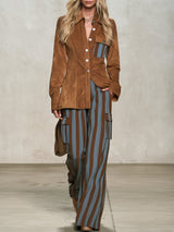Raphaëlle | Ensemble Rétro Chemise en Suédine et Pantalon à Rayures Verticales