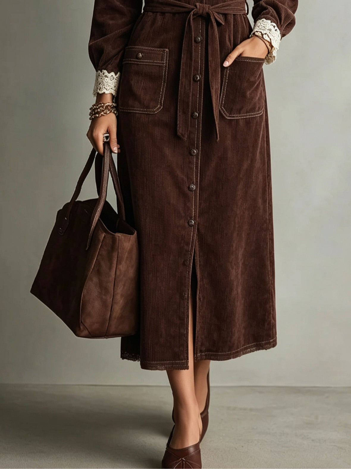 Anaëlle | Robe Chemise en Velours Côtelé Marron à Col en Dentelle
