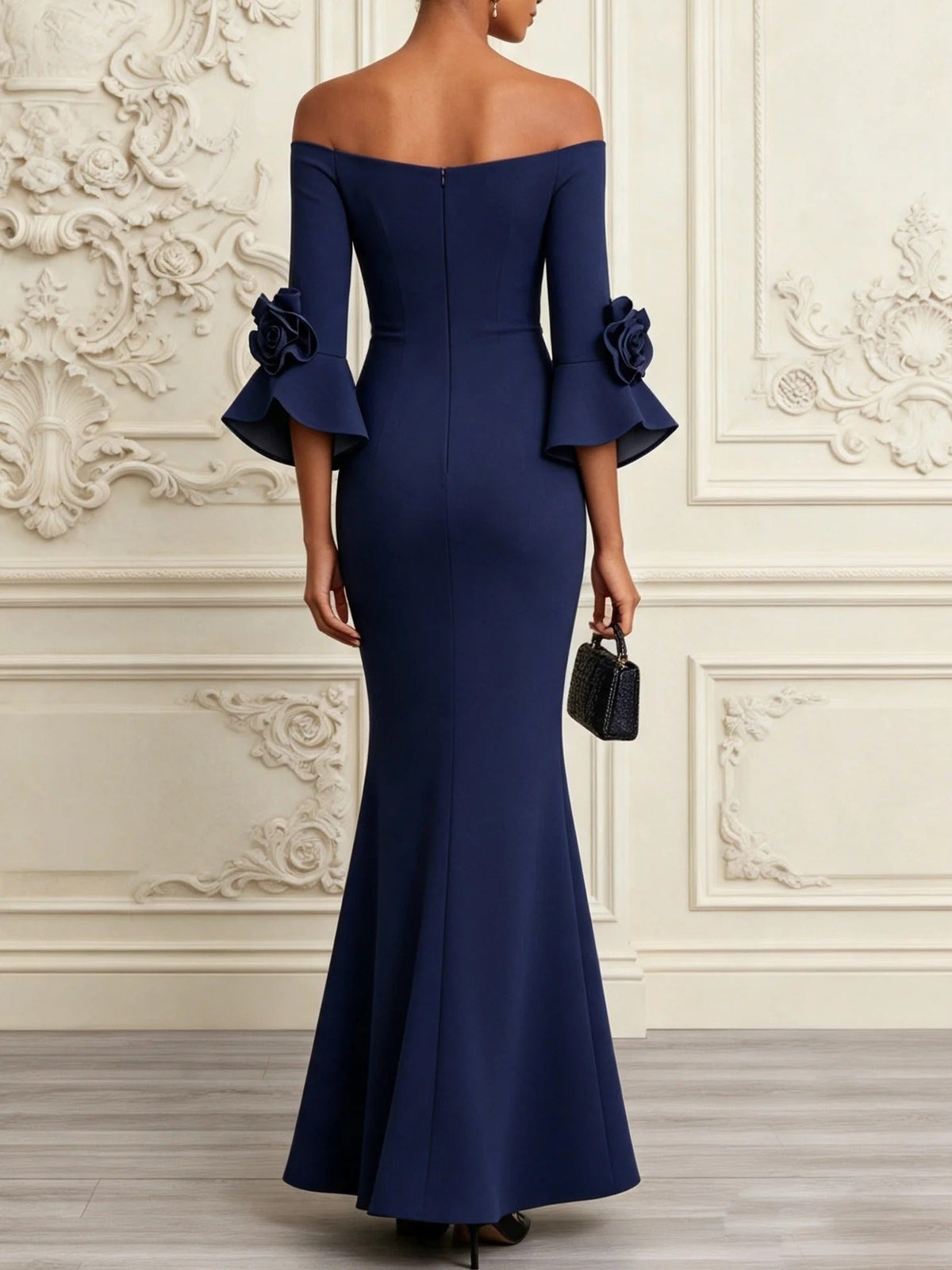 Manon | Robe Longue Sirène Bleu Marine Épaules Dénudées à Fleurs 3D et Manches Évasées