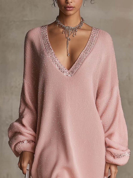 Sandrine | Mini Robe Rose Scintillante à Bordure de Sequins et Ourlet à Franges