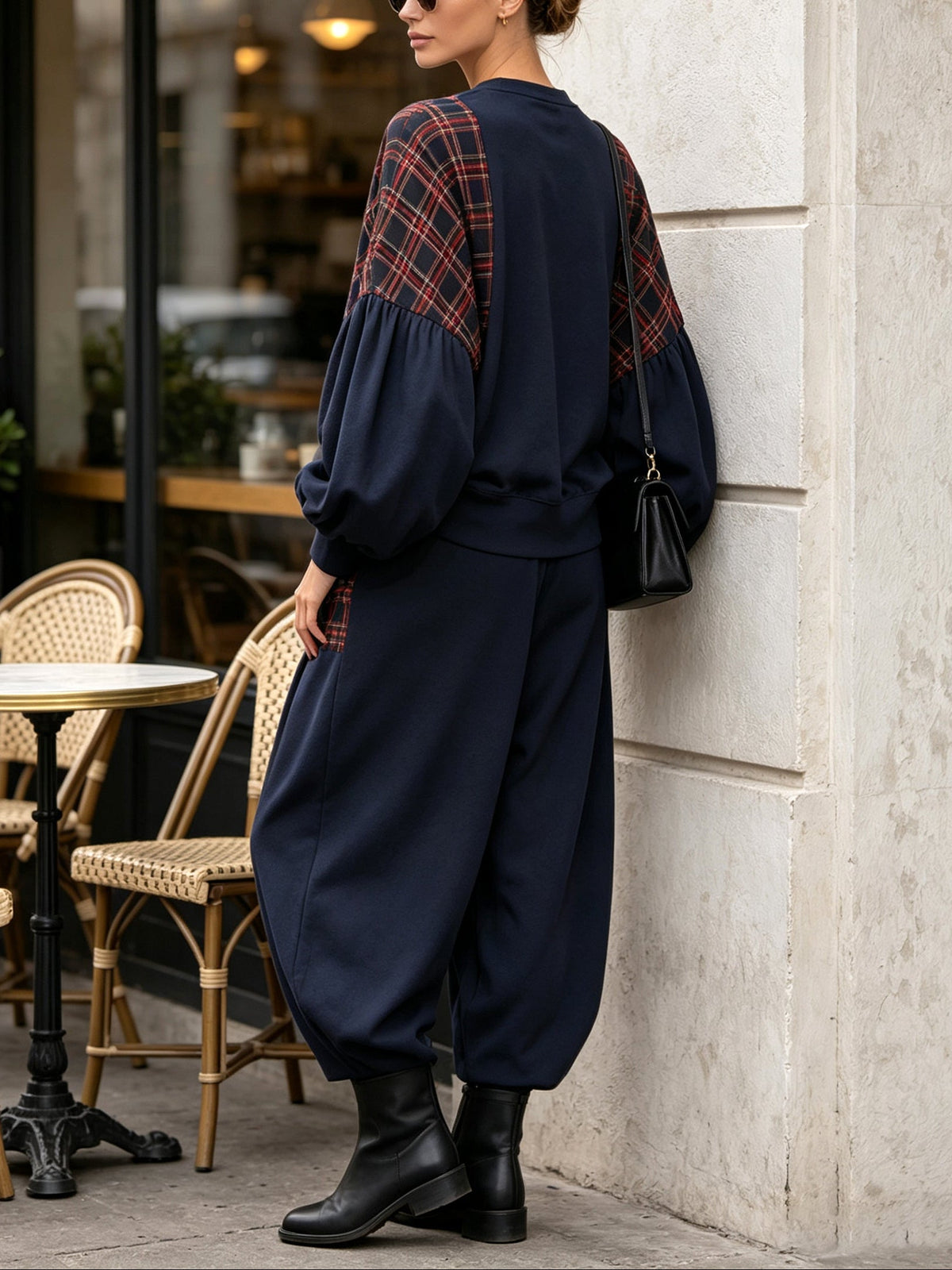 Régine | Ensemble Sweat Ample à Empiècements À Carreaux Classiques et Pantalon Large