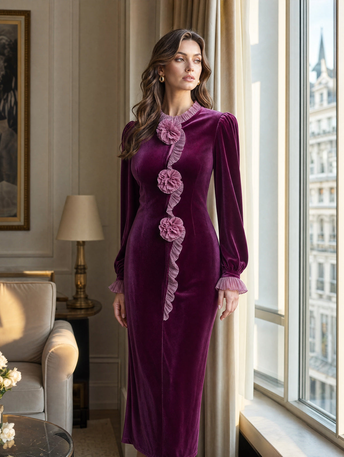 Monique | Robe Midi Fourreau en Velours Violet à Col Montant et Applique Fleurie