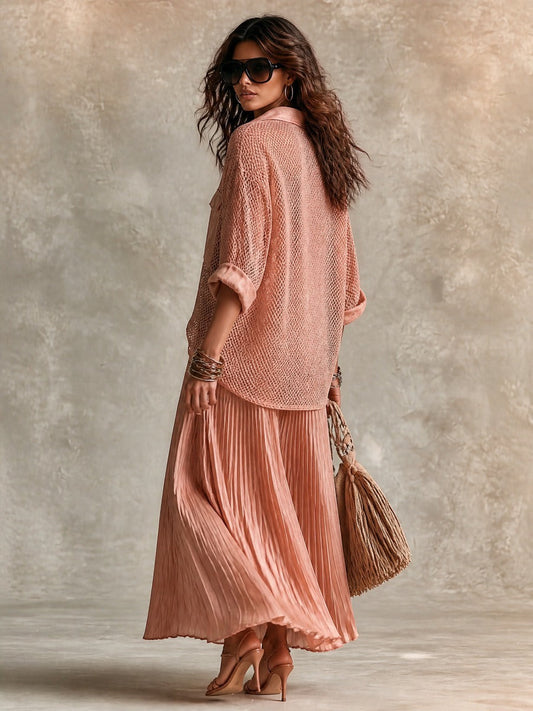 Gabrielle | Ensemble Chemise Ample en Maille Ajourée Rose et Jupe Plissée