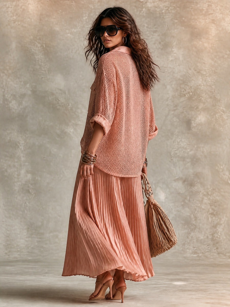 Gabrielle | Ensemble Chemise Ample en Maille Ajourée Rose et Jupe Plissée