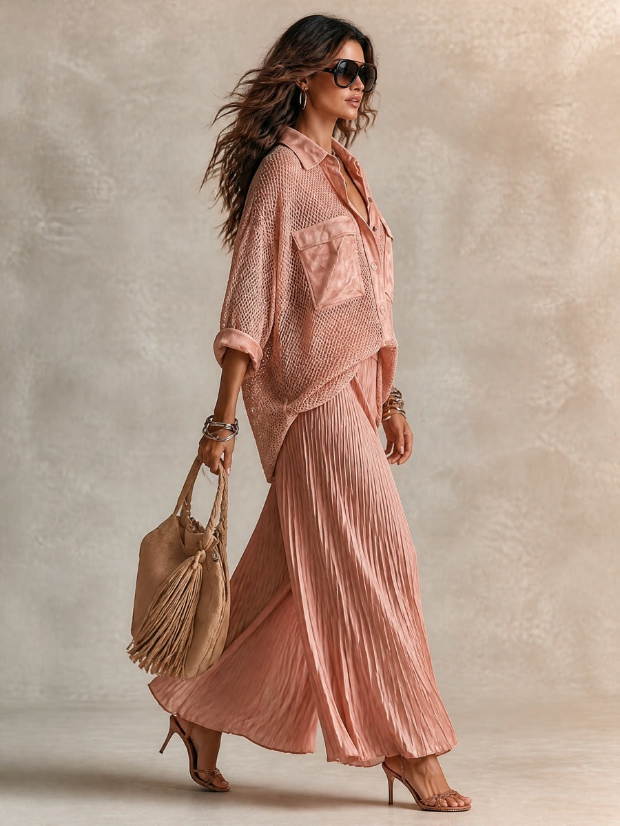 Gabrielle | Ensemble Chemise Ample en Maille Ajourée Rose et Jupe Plissée