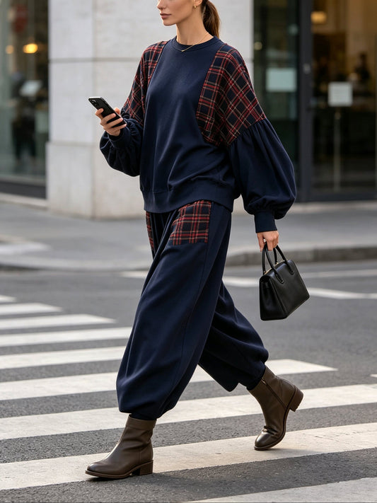 Régine | Ensemble Sweat Ample à Empiècements À Carreaux Classiques et Pantalon Large