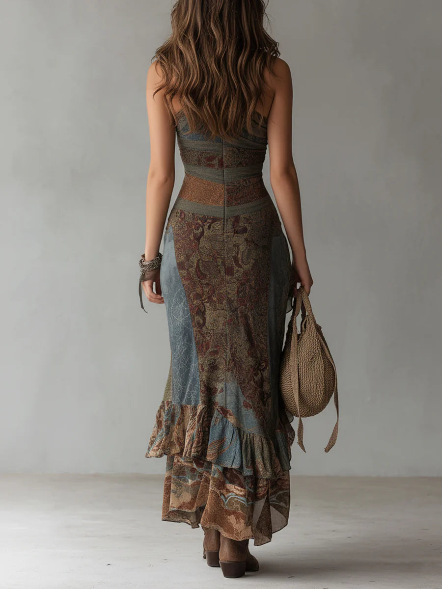 Salomé | Robe Maxi Imprimée Style Ethnique Épaule Dénudée Fente Haute