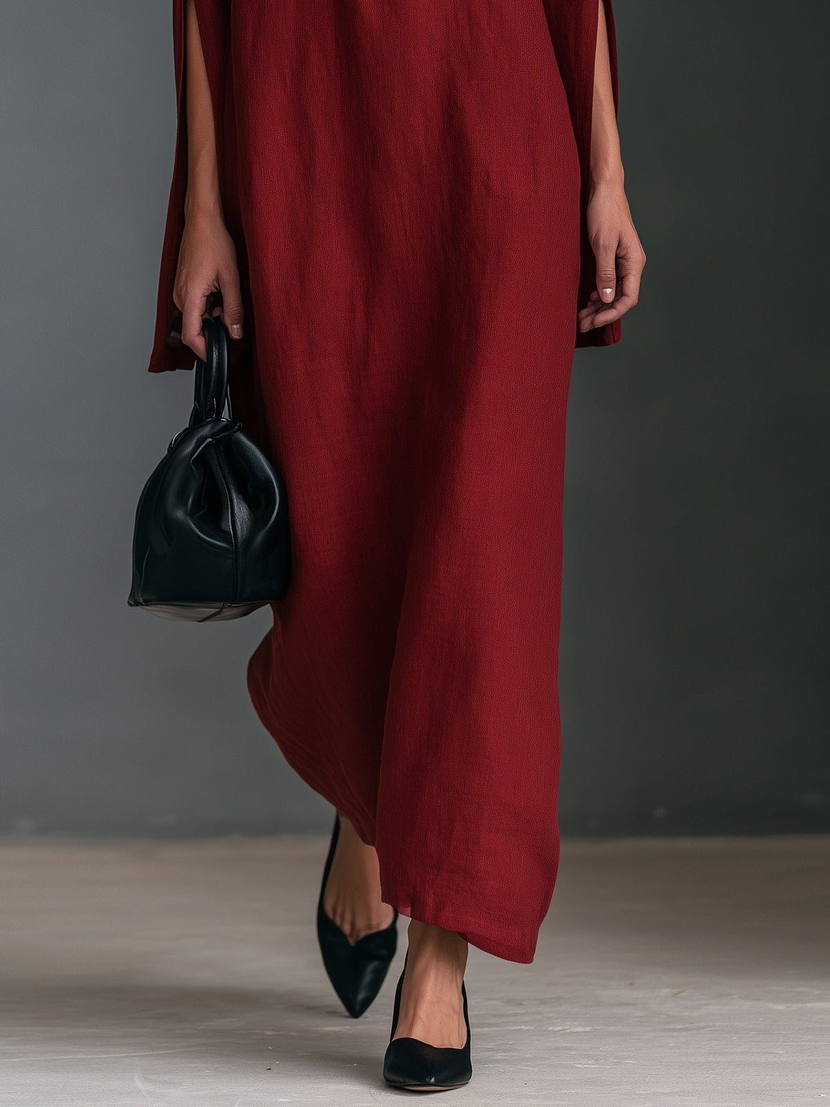 Mariette | Robe Longue Minimaliste Brodée à Manches Fendues et Poches