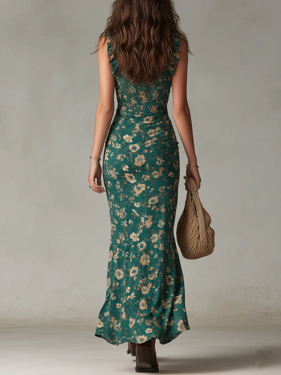 Sidonie | Robe Maxi Imprimée Verte Bohème à Manches Volantées