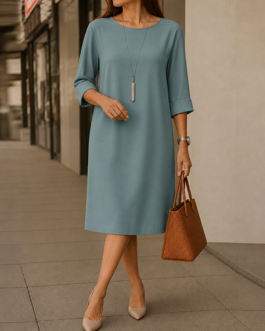 Robe tunique femme à col rond avec poches