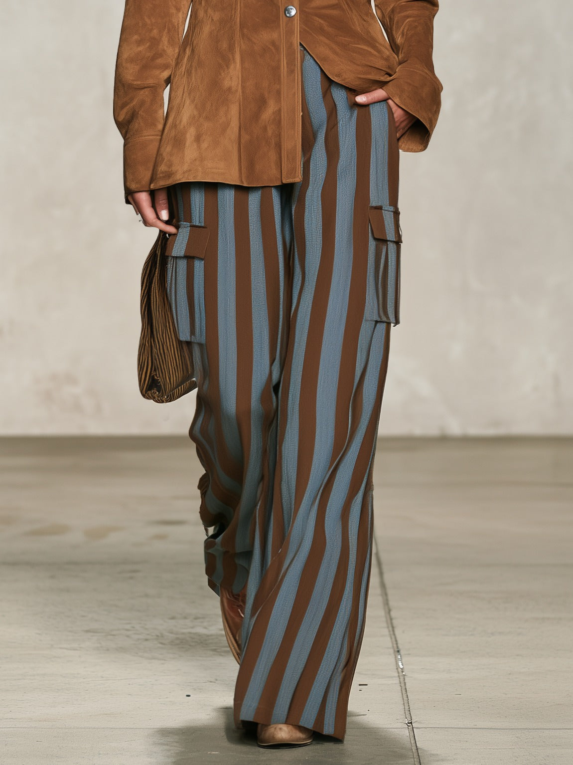 Raphaëlle | Ensemble Rétro Chemise en Suédine et Pantalon à Rayures Verticales