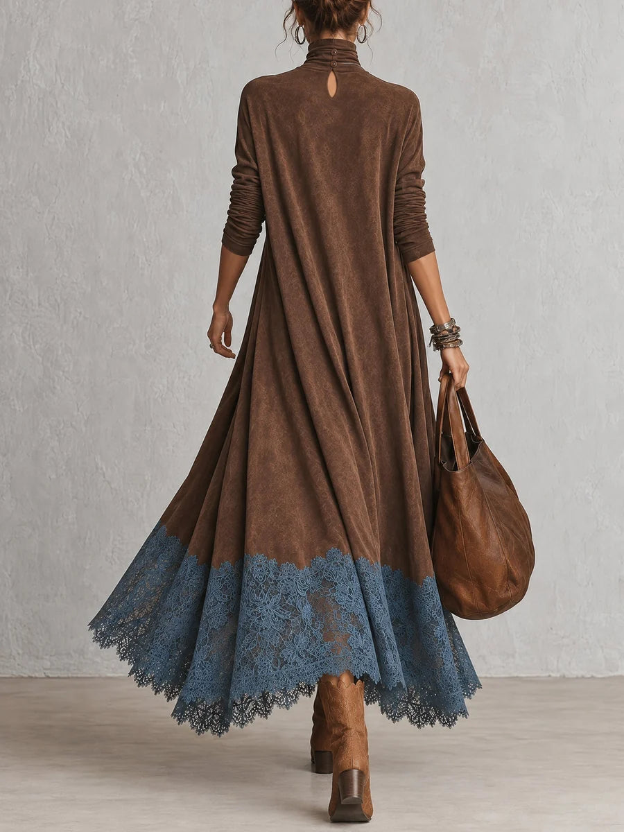 BRUNELLA | Robe longue effet daim avec ourlet en dentelle