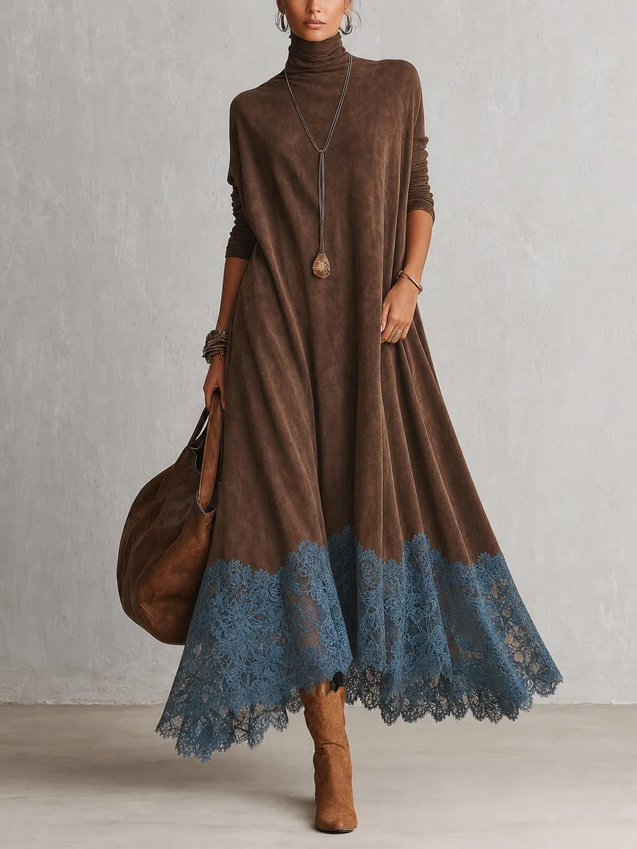BRUNELLA | Robe longue effet daim avec ourlet en dentelle