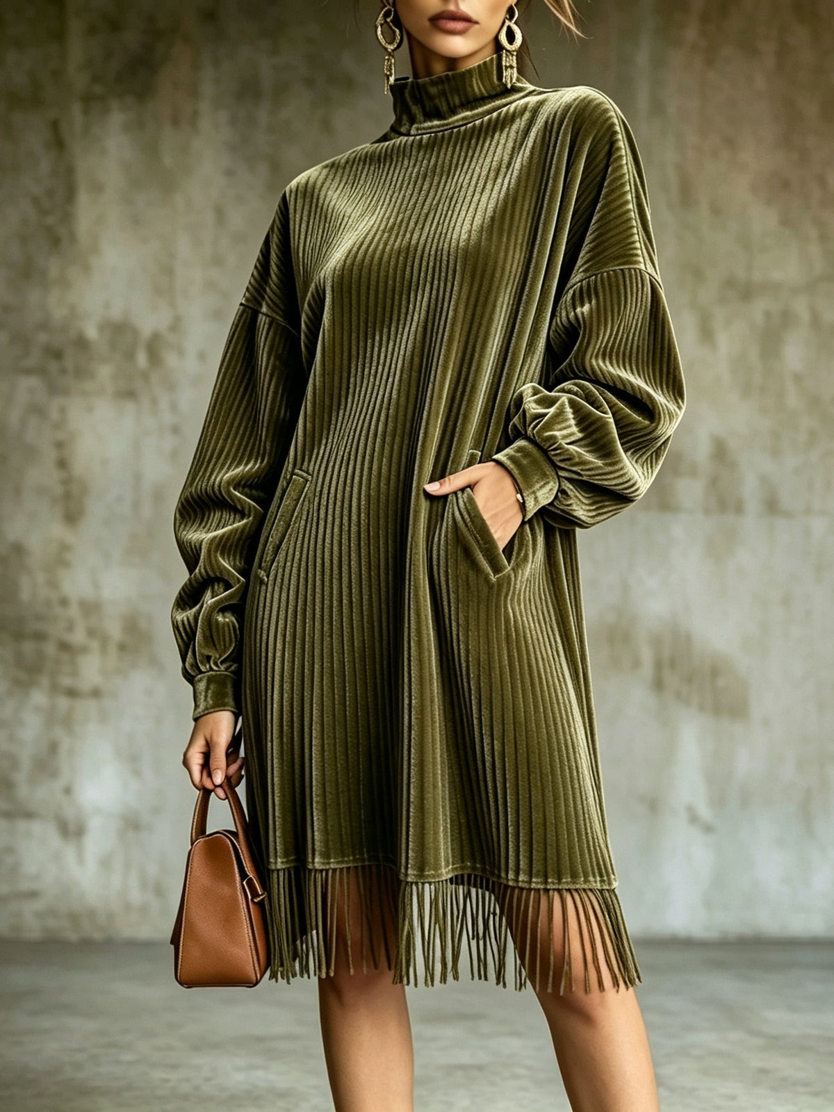 Rolande | Robe Midi Vintage en Velours Côtelé à Col Montant et Ourlet à Franges