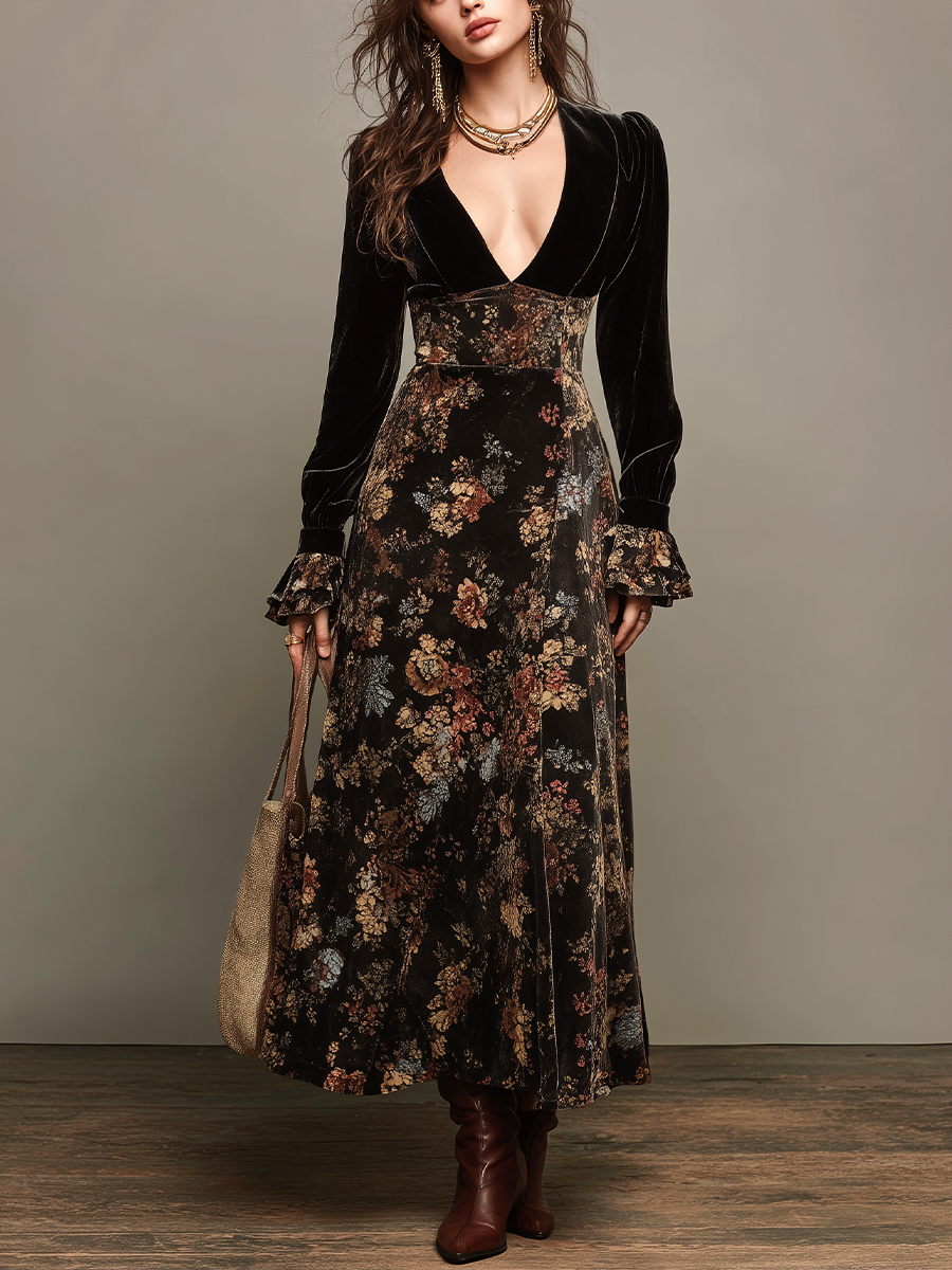 Nadine | Robe Longue Vintage Élégante en Velours Noir à Col V Profond et Empiècements Fleuris