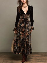 Nadine | Robe Longue Vintage Élégante en Velours Noir à Col V Profond et Empiècements Fleuris