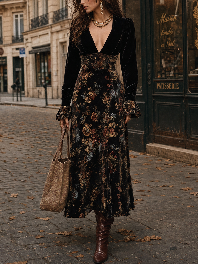 Nadine | Robe Longue Vintage Élégante en Velours Noir à Col V Profond et Empiècements Fleuris
