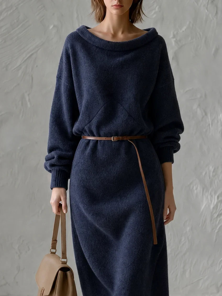 Coline | Robe Midi Oversize en Maille Épaules Dénudées avec Fine Ceinture en Cuir