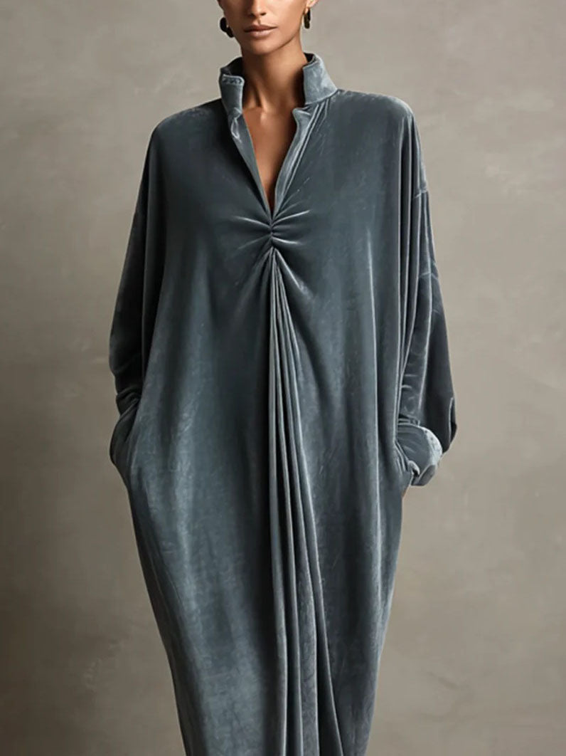 Thérèse | Robe Caftan Longue Oversize en Velours à Manches Longues et Détail Torsé