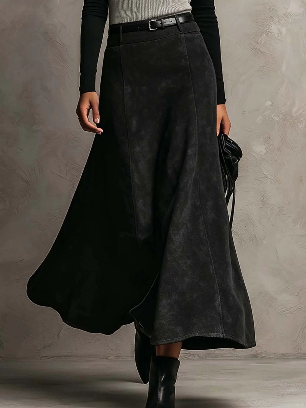 Justine | Ensemble Moderne Haut Noir à Manches Longues et Jupe Longue Asymétrique Taille Haute