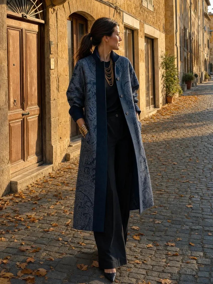 Léonie | Manteau Long Ouvert Bleu Marine à Imprimé Cachemire Vintage