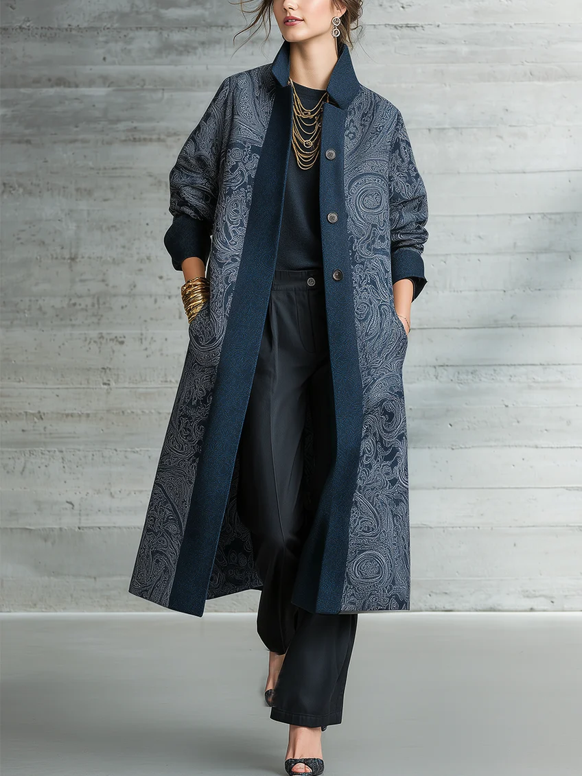 Léonie | Manteau Long Ouvert Bleu Marine à Imprimé Cachemire Vintage