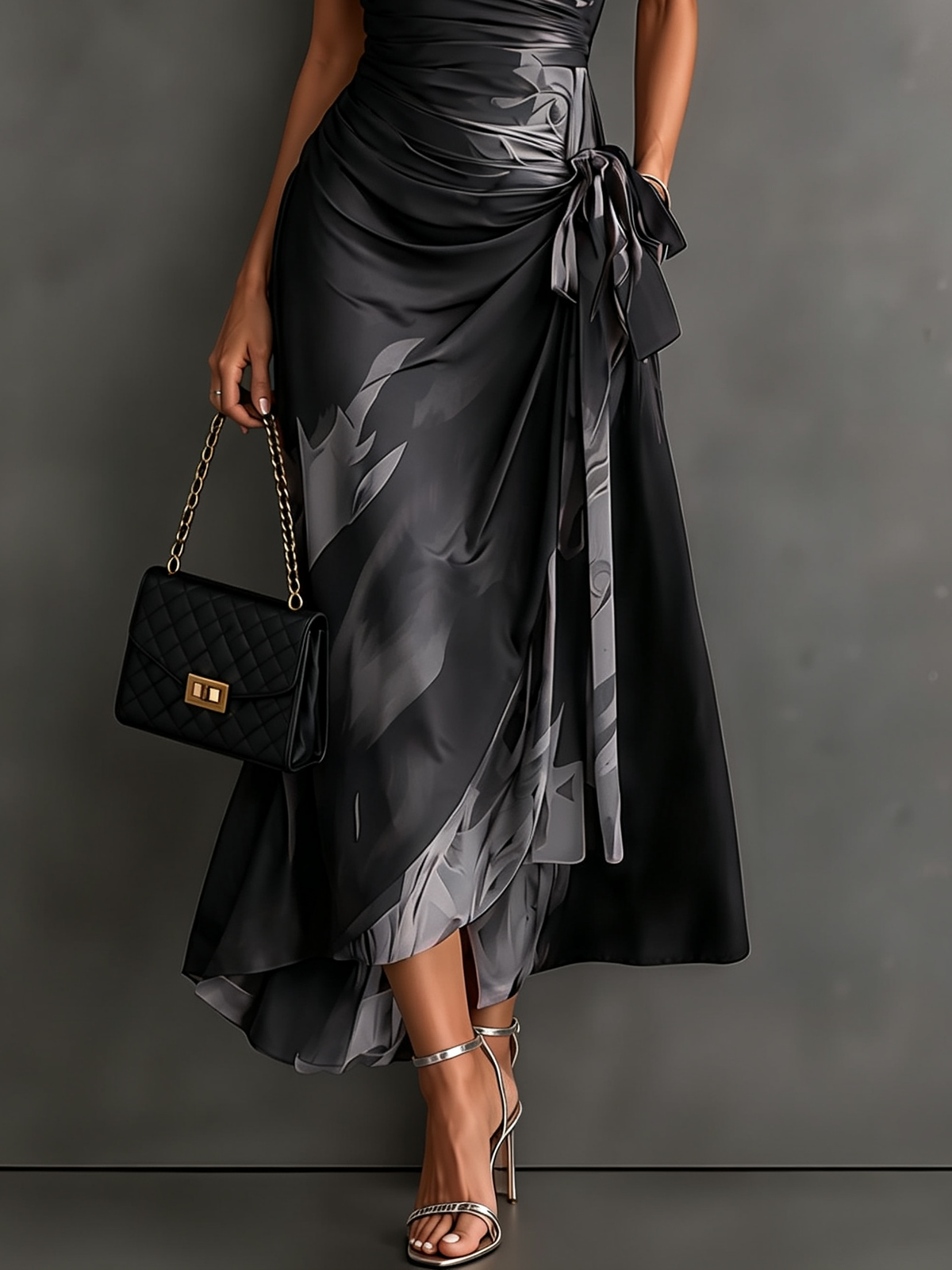 Albane | Robe Midi Portefeuille Imprimé Abstrait Gris et Noir, Col Chemise et Ourlet Asymétrique à Volants
