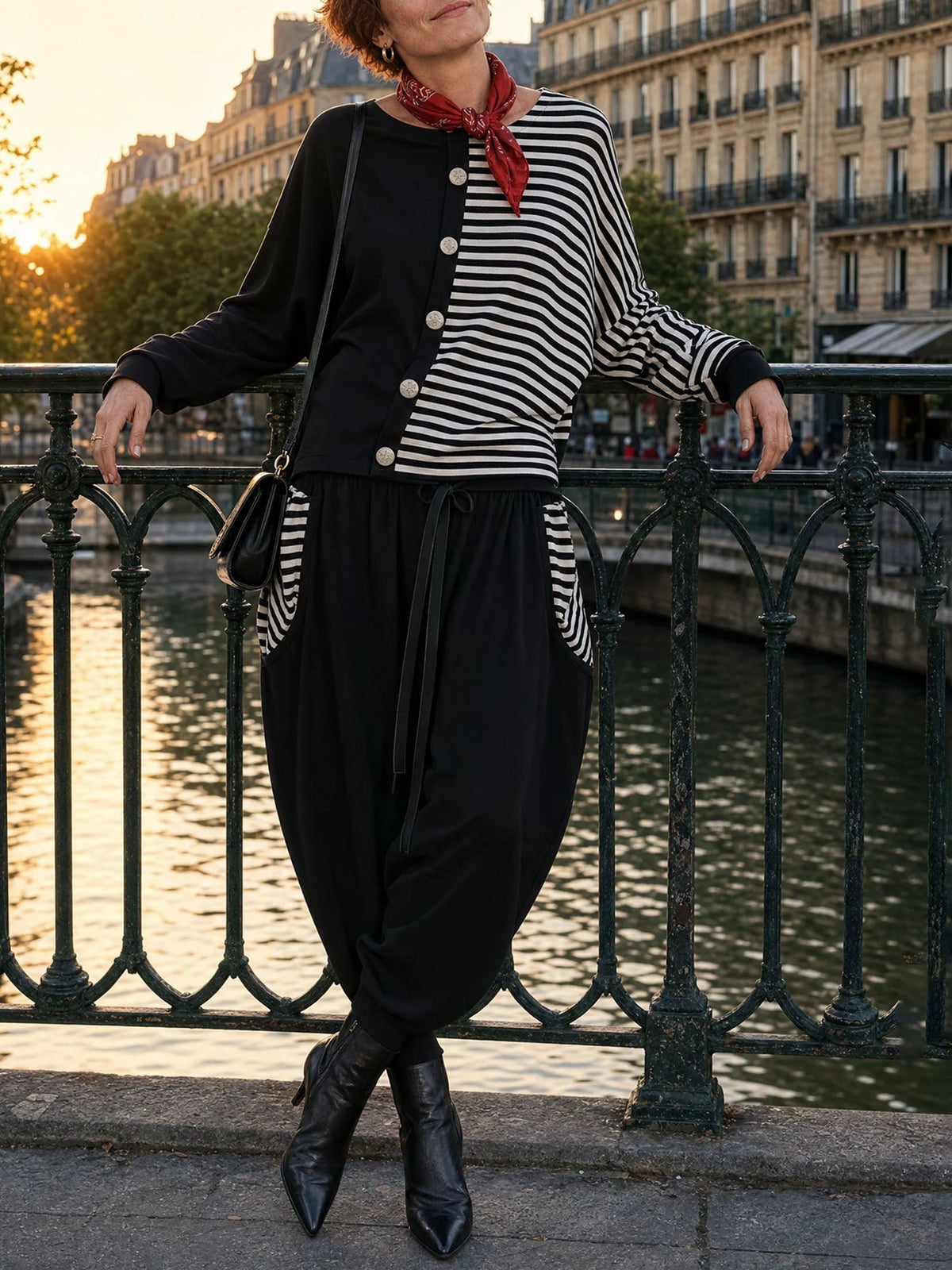 Joséphine | Ensemble Deux Pièces Ample Color Block Asymétrique à Rayures