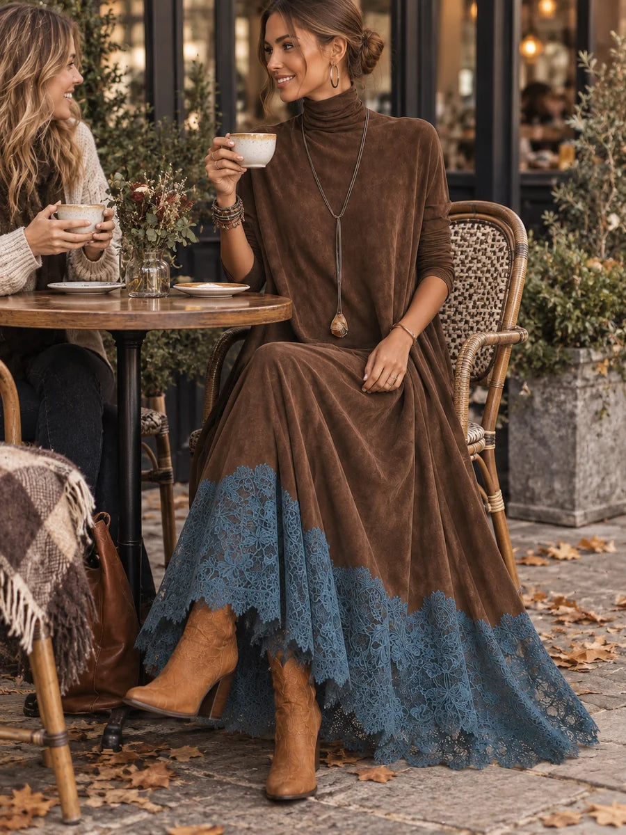 BRUNELLA | Robe longue effet daim avec ourlet en dentelle