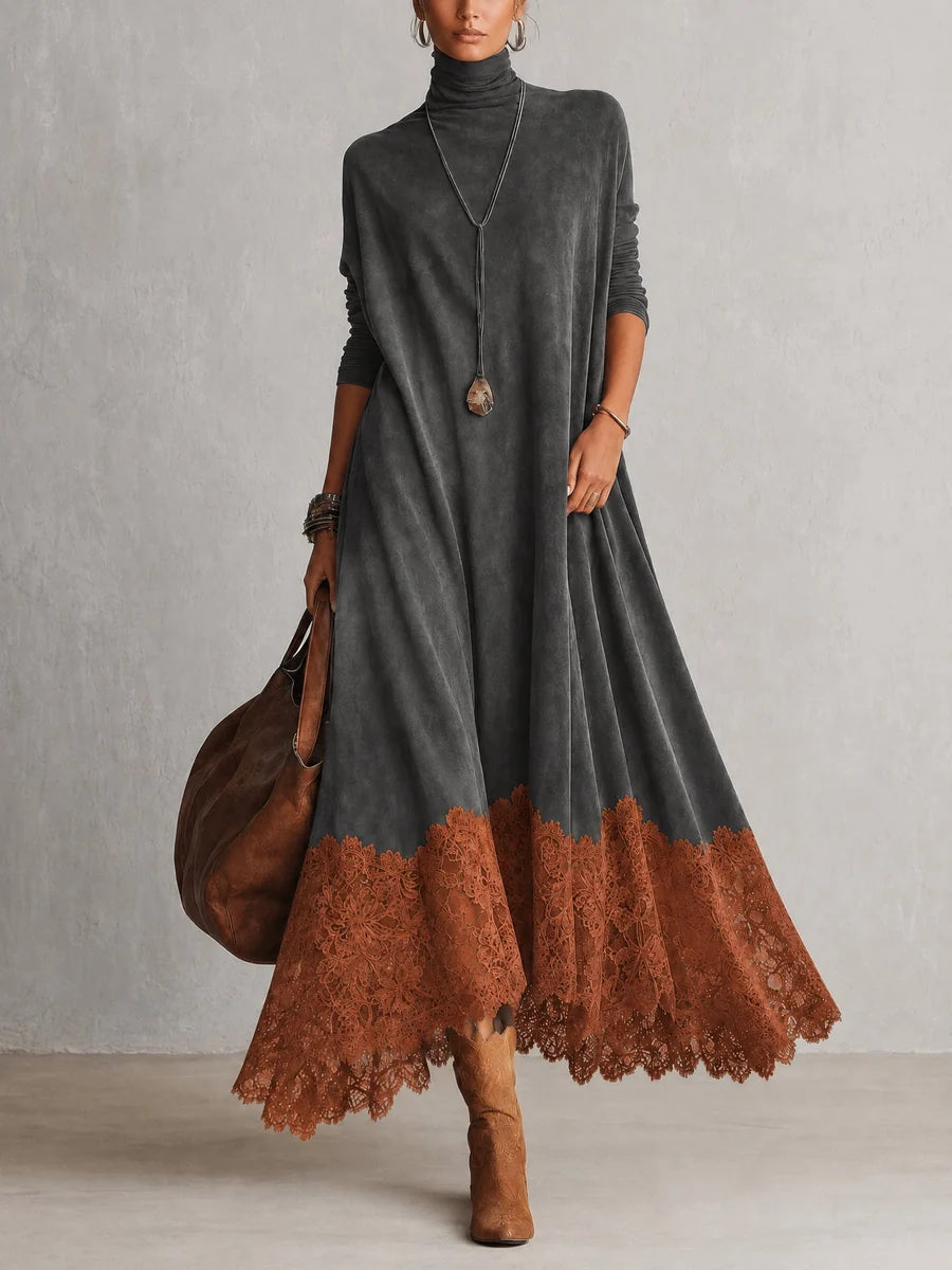 BRUNELLA | Robe longue effet daim avec ourlet en dentelle