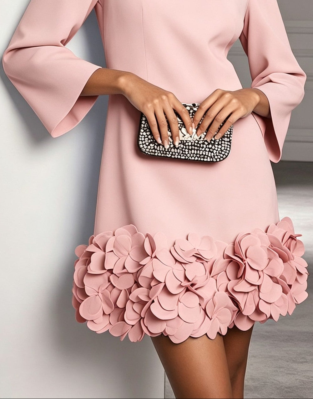 Élodie | Mini Robe Rose à Encolure Ronde et Ourlet à Fleurs 3D