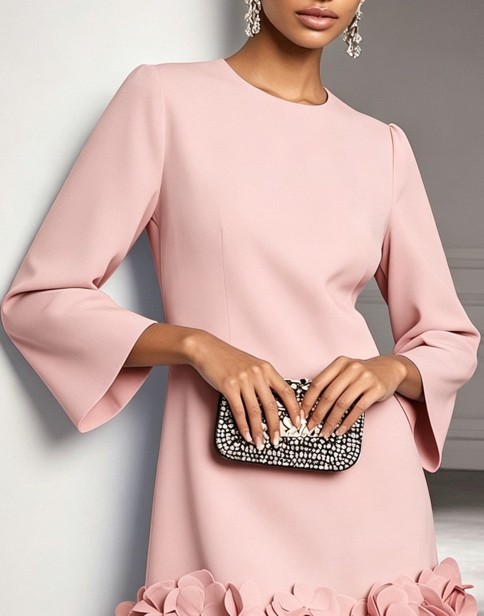 Élodie | Mini Robe Rose à Encolure Ronde et Ourlet à Fleurs 3D