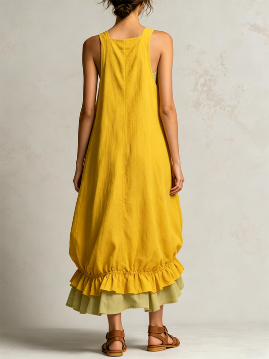 Philippine | Robe Midi Bulle Jaune Sans Manches à Grandes Poches et Ourlet à Volants Superposés