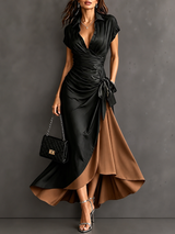 Adeline | Robe Longue Portefeuille à Col Chemise, Manches Courtes et Nœud à la Taille