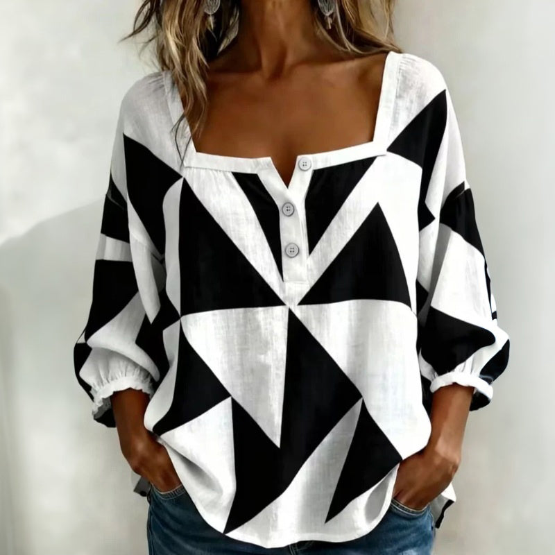 Blouse femme géométrique à col carré boutonné