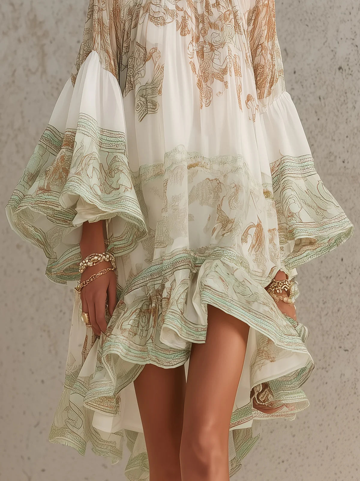Rosalie | Mini-robe en mousseline à manches volantées et ourlet rayé vert