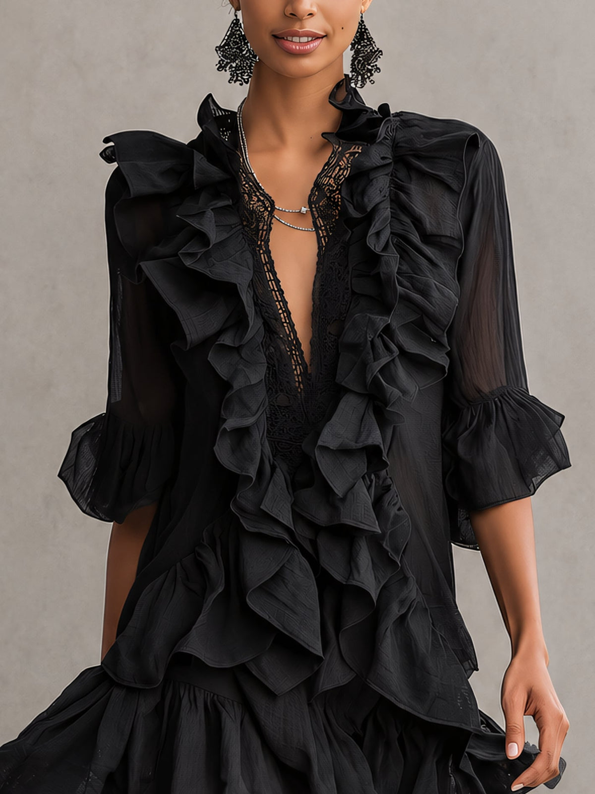 Anaïs | Robe mini noire en mousseline à volants