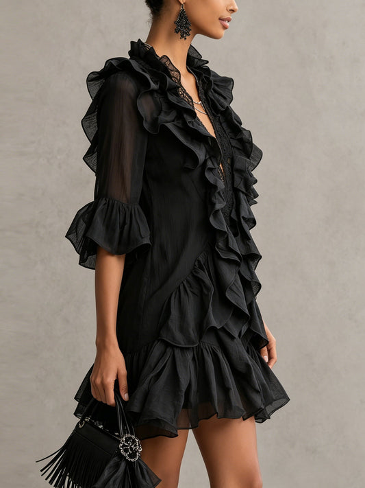 Anaïs | Robe mini noire en mousseline à volants
