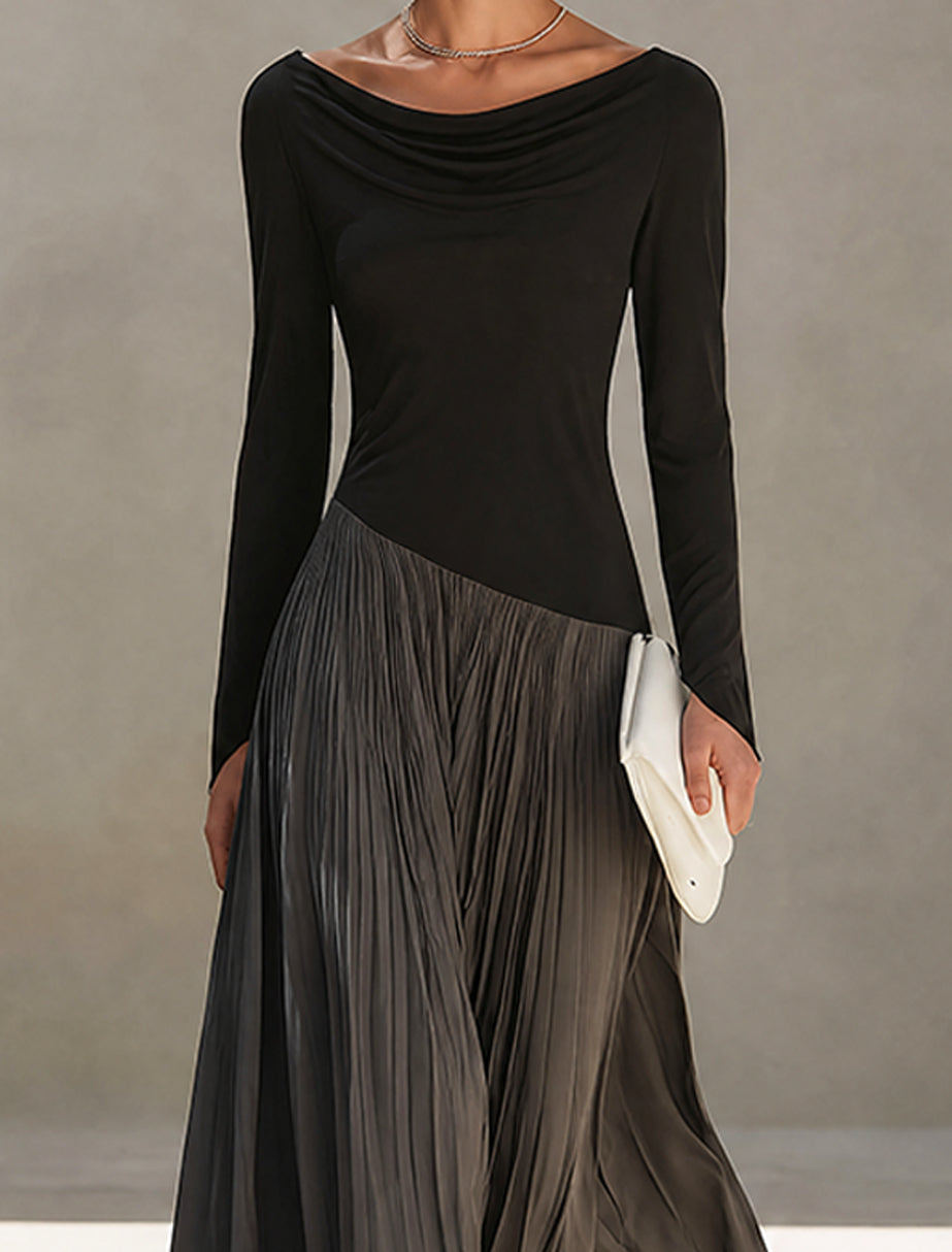 Anouk | Robe Maxi Plissée Bicolore Noir et Gris à Col Drapé