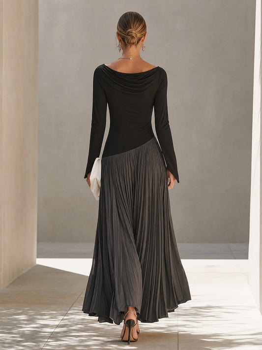 Anouk | Robe Maxi Plissée Bicolore Noir et Gris à Col Drapé