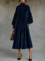 Morgane | Robe Midi en Velours Bleu Marine à Détail Nœud et Manches Ballon