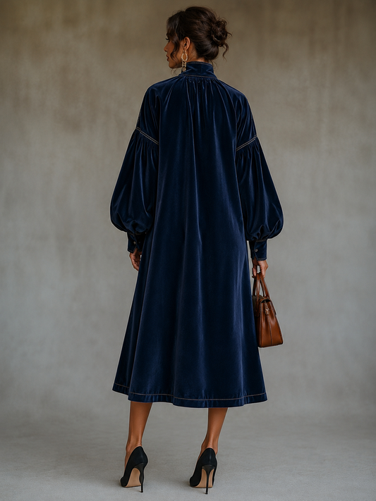Morgane | Robe Midi en Velours Bleu Marine à Détail Nœud et Manches Ballon