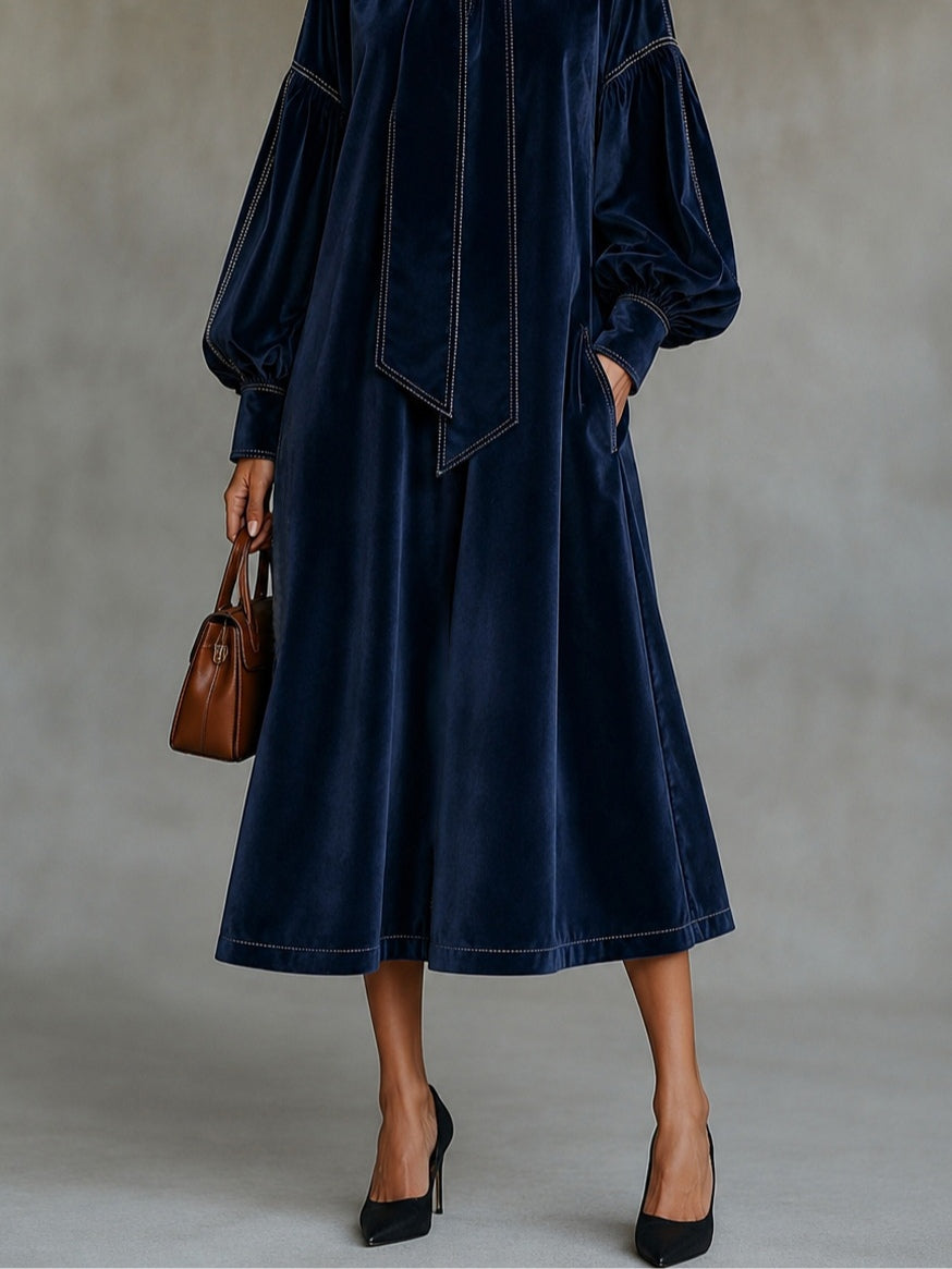 Morgane | Robe Midi en Velours Bleu Marine à Détail Nœud et Manches Ballon