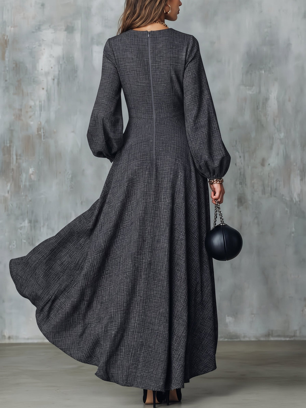 Hortense | Robe Longue Trapèze Élégante Gris Anthracite à Manches Ballon