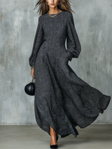 Hortense | Robe Longue Trapèze Élégante Gris Anthracite à Manches Ballon