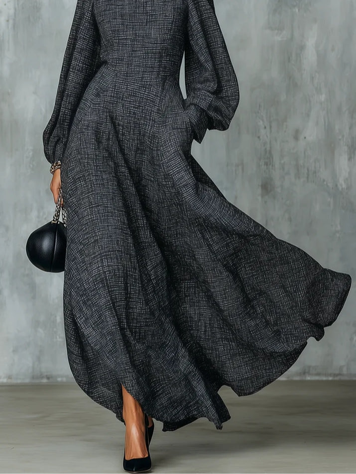 Hortense | Robe Longue Trapèze Élégante Gris Anthracite à Manches Ballon