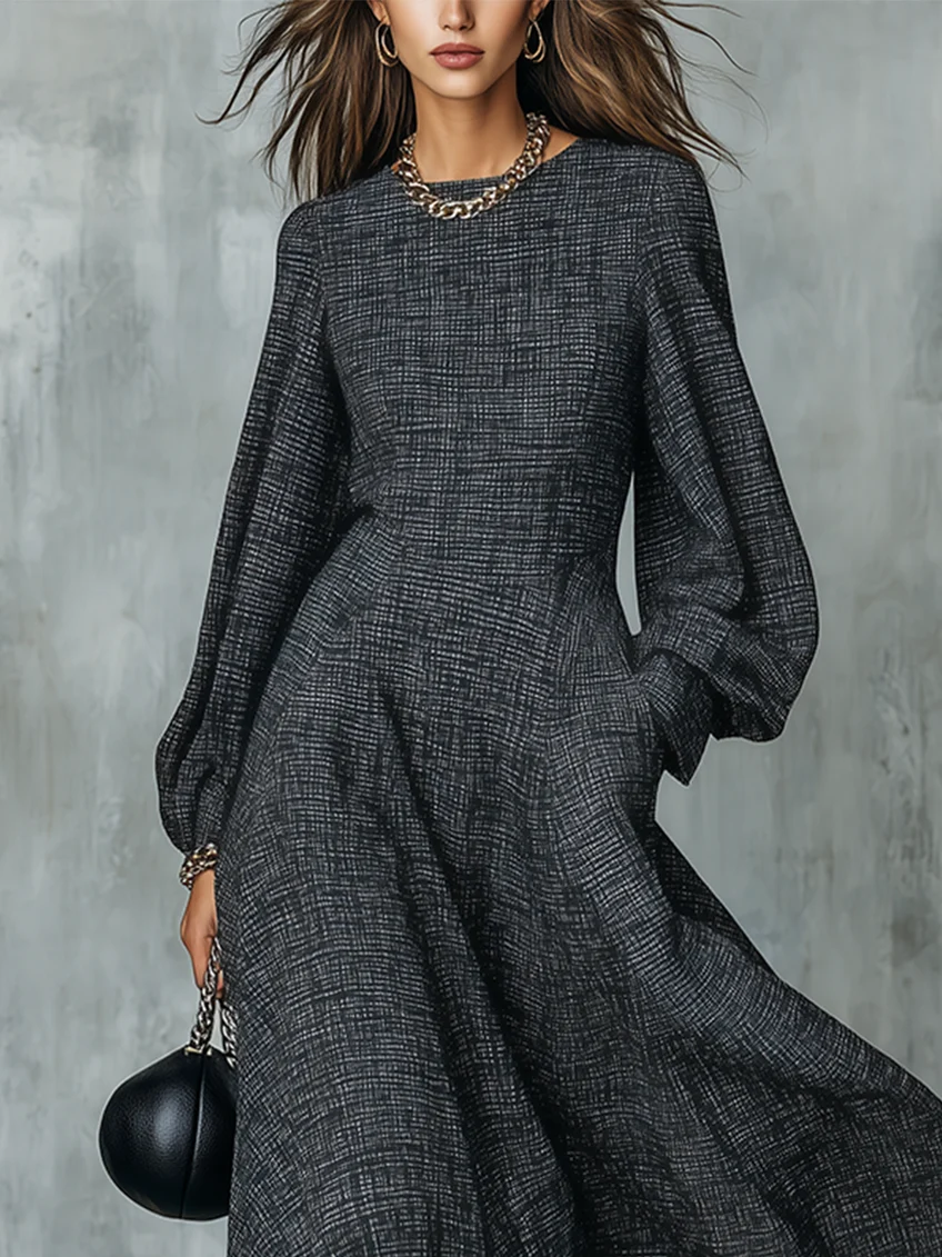 Hortense | Robe Longue Trapèze Élégante Gris Anthracite à Manches Ballon