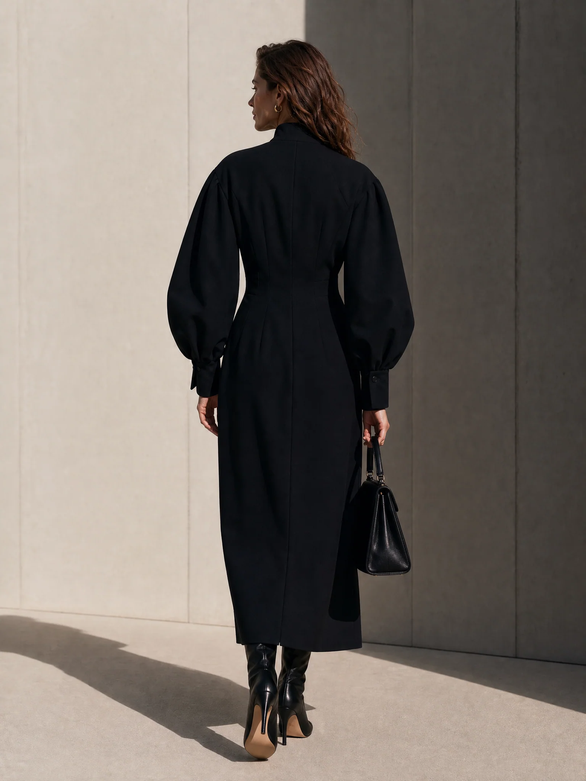 Huguette | Robe Midi Noire à Zip Devant et Manches Ballon Bouffantes