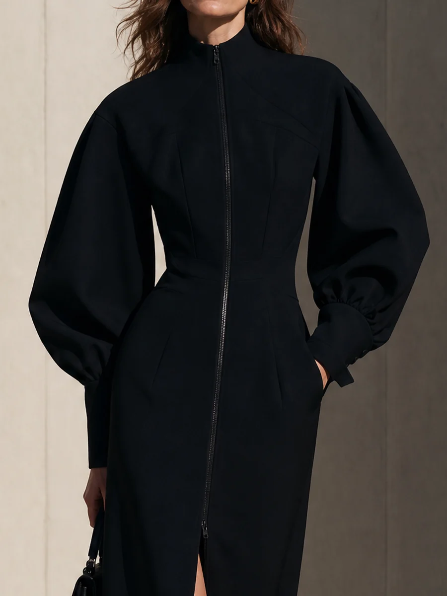 Huguette | Robe Midi Noire à Zip Devant et Manches Ballon Bouffantes